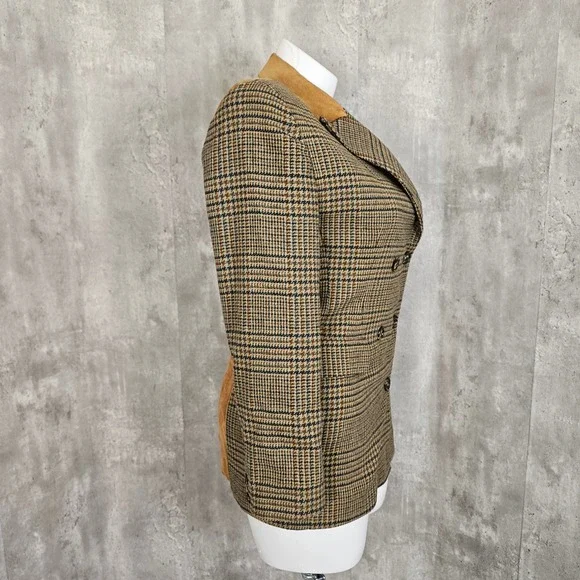 Vintage 80s 90s The Limited Plaid Wool Blend Blazer M Suede Collar‎ Equestrian - Picture 7 of 11